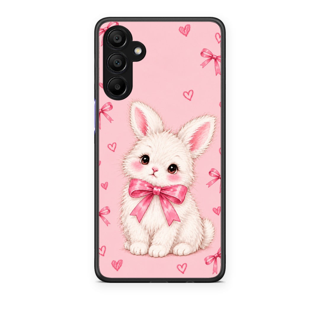 Θήκη Samsung A15 5G White Bunny and Pink Bows από τη Smartfits με σχέδιο στο πίσω μέρος και μαύρο περίβλημα | Samsung A15 5G White Bunny and Pink Bows case with colorful back and black bezels