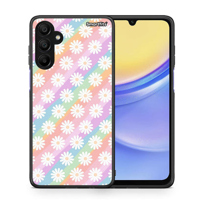 Θήκη Samsung A15 5G White Daisies από τη Smartfits με σχέδιο στο πίσω μέρος και μαύρο περίβλημα | Samsung A15 5G White Daisies case with colorful back and black bezels