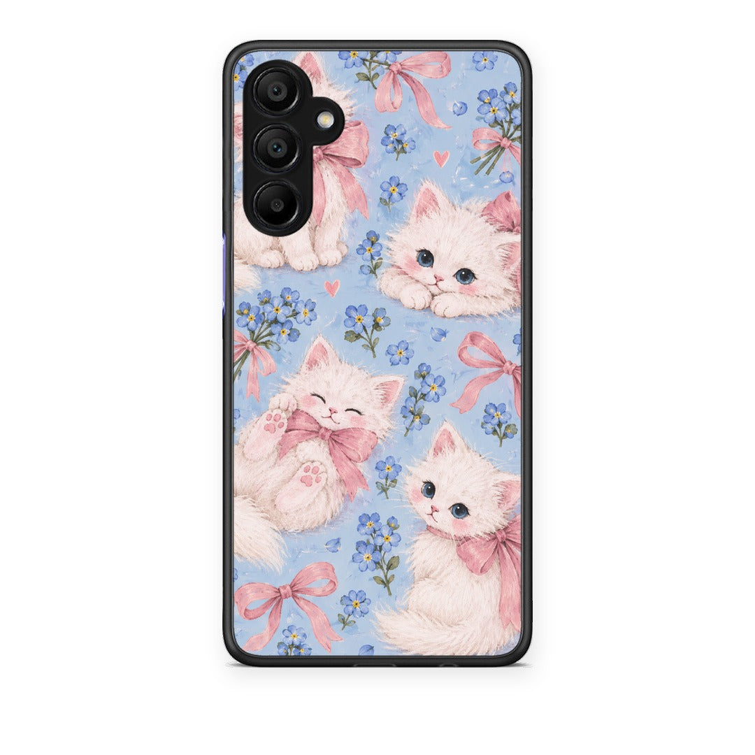 Θήκη Samsung A15 5G White Kittens and Blue Flowers Large από τη Smartfits με σχέδιο στο πίσω μέρος και μαύρο περίβλημα | Samsung A15 5G White Kittens and Blue Flowers Large case with colorful back and black bezels