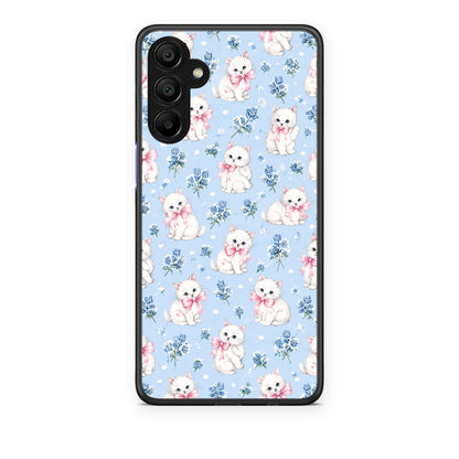 Θήκη Samsung A15 5G White Kittens and Blue Flowers Small από τη Smartfits με σχέδιο στο πίσω μέρος και μαύρο περίβλημα | Samsung A15 5G White Kittens and Blue Flowers Small case with colorful back and black bezels