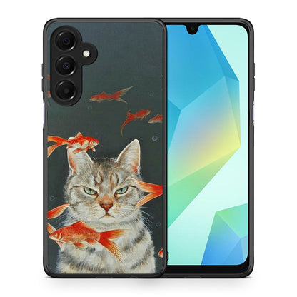 Θήκη Samsung Galaxy A16 4G / 5G Cat Goldfish από τη Smartfits με σχέδιο στο πίσω μέρος και μαύρο περίβλημα | Samsung Galaxy A16 4G / 5G Cat Goldfish case with colorful back and black bezels