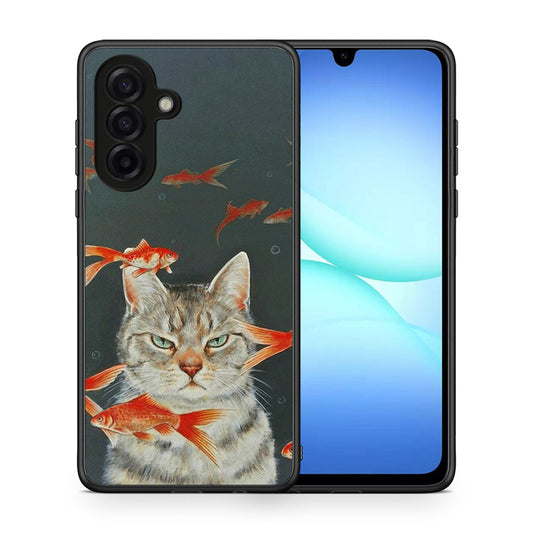 Θήκη Samsung Galaxy A17 4G Cat Goldfish από τη Smartfits με σχέδιο στο πίσω μέρος και μαύρο περίβλημα | Samsung Galaxy A17 4G Cat Goldfish case with colorful back and black bezels