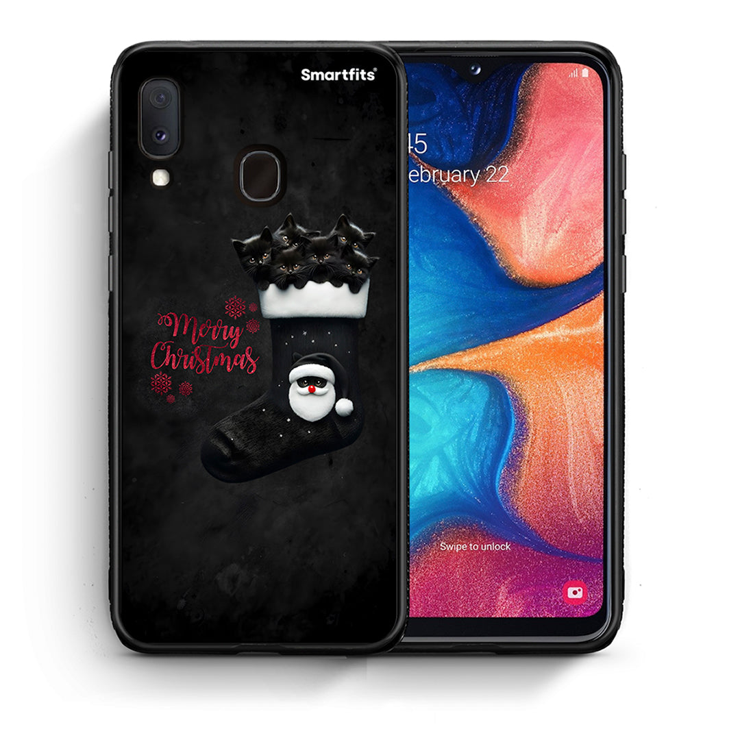 Θήκη Samsung Galaxy M20 Merry Cat Christmas από τη Smartfits με σχέδιο στο πίσω μέρος και μαύρο περίβλημα | Samsung Galaxy M20 Merry Cat Christmas case with colorful back and black bezels