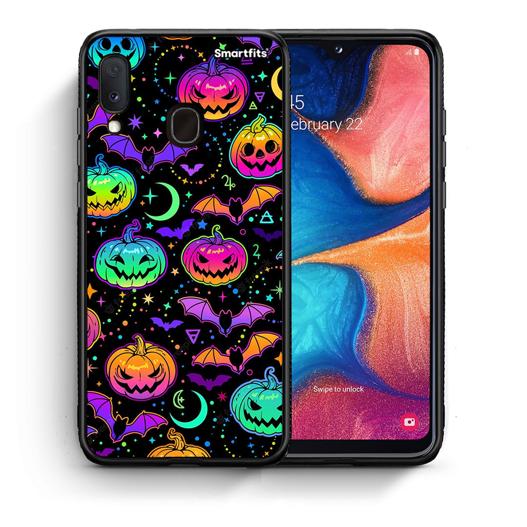 Θήκη Samsung Galaxy M20 Neon Halloween από τη Smartfits με σχέδιο στο πίσω μέρος και μαύρο περίβλημα | Samsung Galaxy M20 Neon Halloween case with colorful back and black bezels