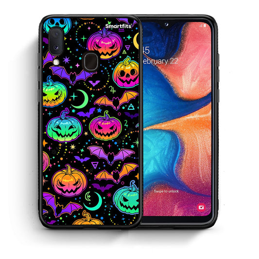 Θήκη Samsung Galaxy M20 Neon Halloween από τη Smartfits με σχέδιο στο πίσω μέρος και μαύρο περίβλημα | Samsung Galaxy M20 Neon Halloween case with colorful back and black bezels