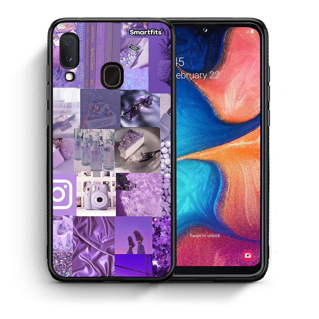 Θήκη Samsung Galaxy M20 Purple Aesthetic Collage από τη Smartfits με σχέδιο στο πίσω μέρος και μαύρο περίβλημα | Samsung Galaxy M20 Purple Aesthetic Collage case with colorful back and black bezels