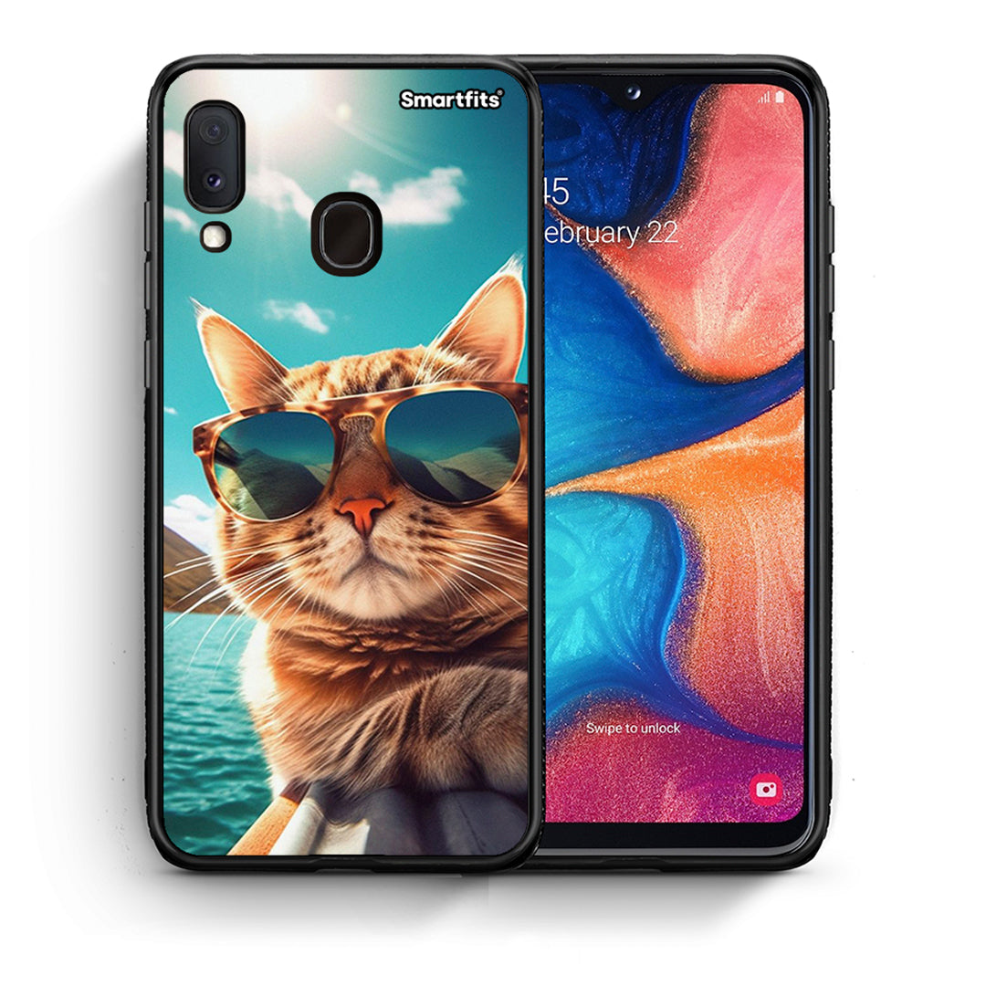 Θήκη Samsung Galaxy A30 Summer Cat από τη Smartfits με σχέδιο στο πίσω μέρος και μαύρο περίβλημα | Samsung Galaxy A30 Summer Cat case with colorful back and black bezels