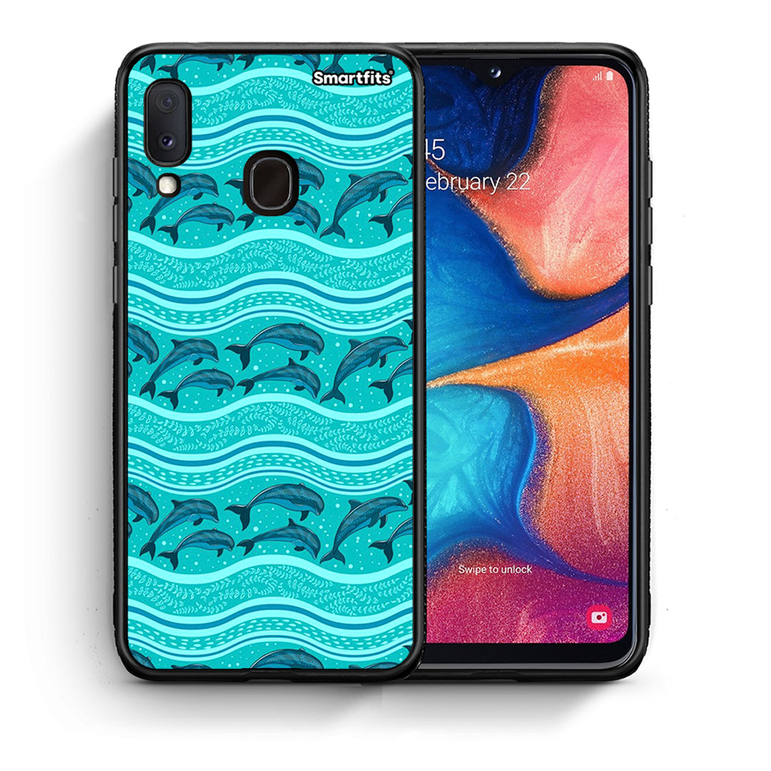 Θήκη Samsung Galaxy A30 Swimming Dolphins από τη Smartfits με σχέδιο στο πίσω μέρος και μαύρο περίβλημα | Samsung Galaxy A30 Swimming Dolphins case with colorful back and black bezels