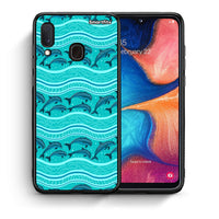 Thumbnail for Θήκη Samsung Galaxy A30 Swimming Dolphins από τη Smartfits με σχέδιο στο πίσω μέρος και μαύρο περίβλημα | Samsung Galaxy A30 Swimming Dolphins case with colorful back and black bezels