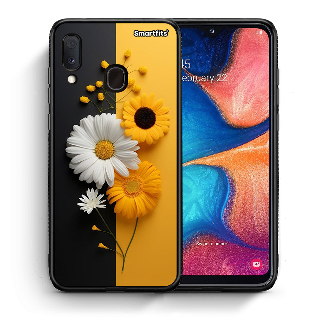 Θήκη Samsung A20e Yellow Daisies από τη Smartfits με σχέδιο στο πίσω μέρος και μαύρο περίβλημα | Samsung A20e Yellow Daisies case with colorful back and black bezels