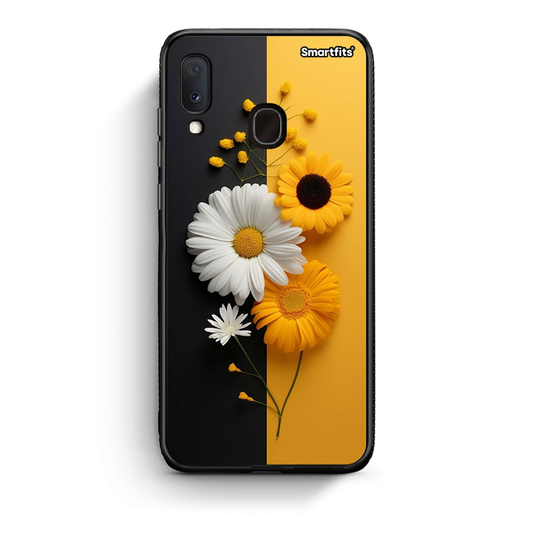 Samsung A20e Yellow Daisies θήκη από τη Smartfits με σχέδιο στο πίσω μέρος και μαύρο περίβλημα | Smartphone case with colorful back and black bezels by Smartfits