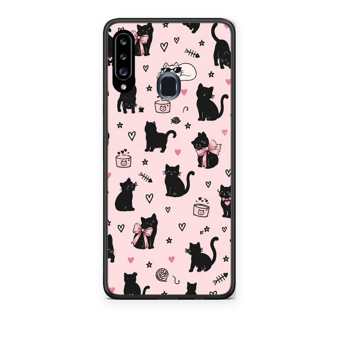 Θήκη Samsung Galaxy A20s Black Cat Doodles on Pink από τη Smartfits με σχέδιο στο πίσω μέρος και μαύρο περίβλημα | Samsung Galaxy A20s Black Cat Doodles on Pink case with colorful back and black bezels