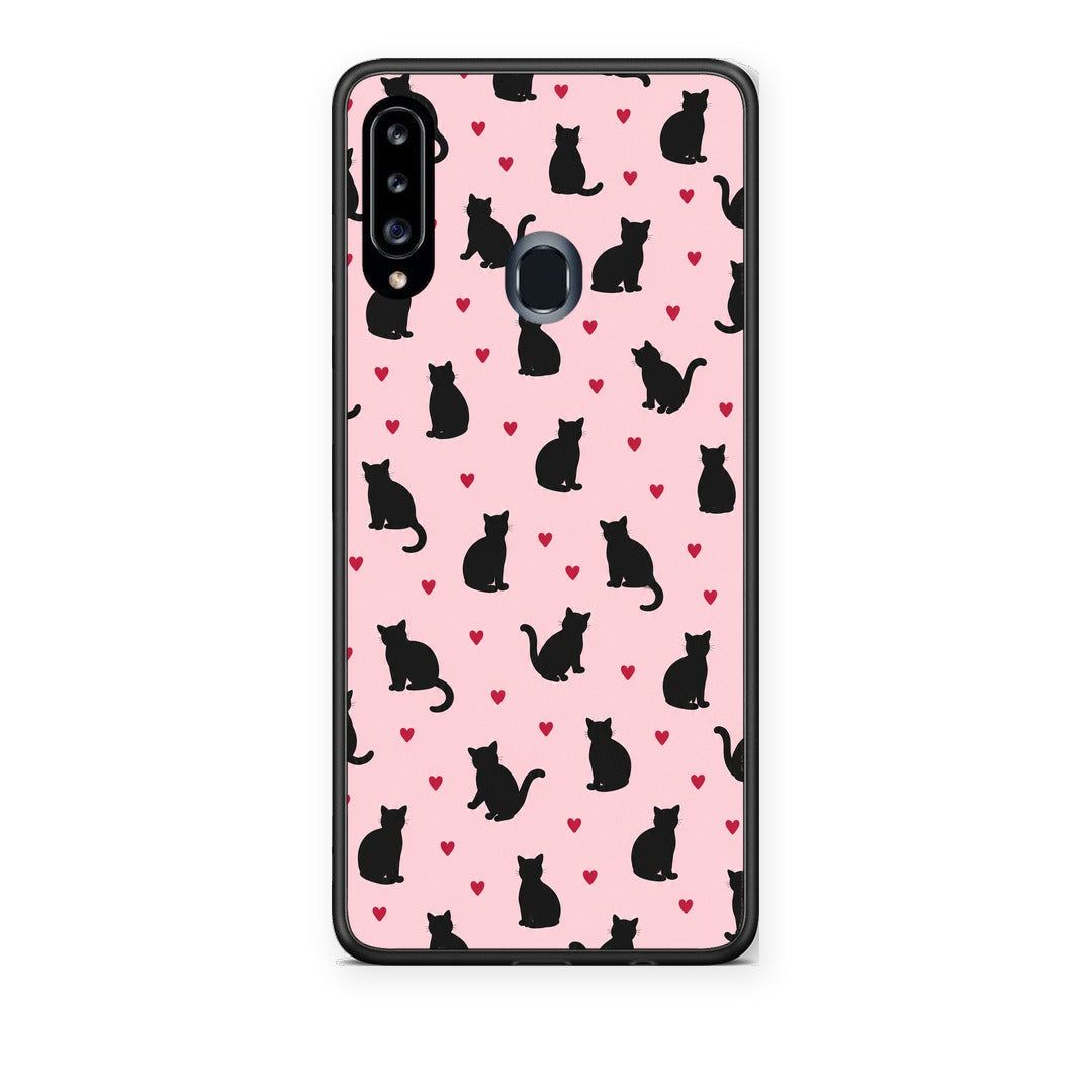 Θήκη Samsung Galaxy A20s Black Cat Silhouettes and Hearts on Pink από τη Smartfits με σχέδιο στο πίσω μέρος και μαύρο περίβλημα | Samsung Galaxy A20s Black Cat Silhouettes and Hearts on Pink case with colorful back and black bezels