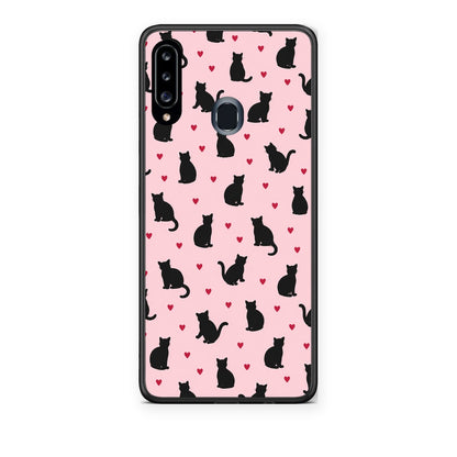 Θήκη Samsung Galaxy A20s Black Cat Silhouettes and Hearts on Pink από τη Smartfits με σχέδιο στο πίσω μέρος και μαύρο περίβλημα | Samsung Galaxy A20s Black Cat Silhouettes and Hearts on Pink case with colorful back and black bezels