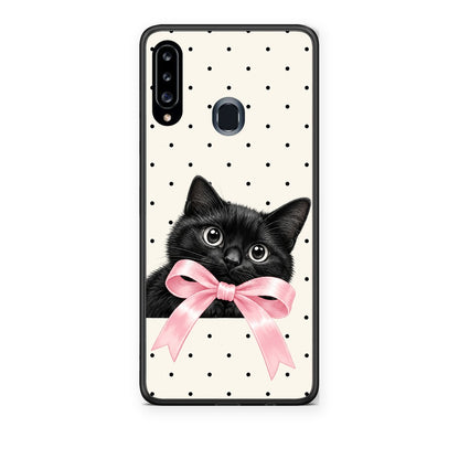 Θήκη Samsung Galaxy A20s Black Kitten Pink Bow and Polka Dots από τη Smartfits με σχέδιο στο πίσω μέρος και μαύρο περίβλημα | Samsung Galaxy A20s Black Kitten Pink Bow and Polka Dots case with colorful back and black bezels