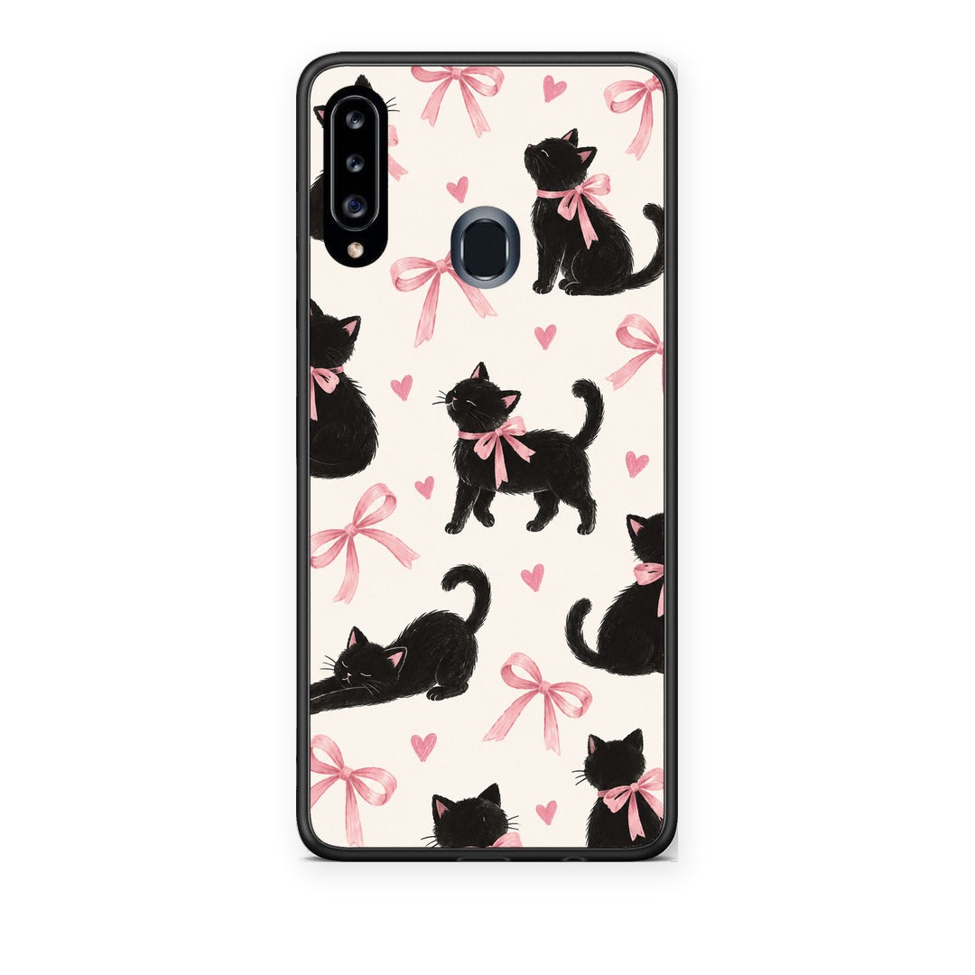 Θήκη Samsung Galaxy A20s Black Kittens and Pink Bows on Cream Large από τη Smartfits με σχέδιο στο πίσω μέρος και μαύρο περίβλημα | Samsung Galaxy A20s Black Kittens and Pink Bows on Cream Large case with colorful back and black bezels