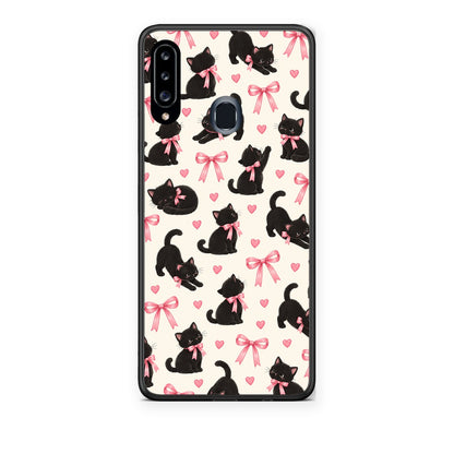 Θήκη Samsung Galaxy A20s Black Kittens and Pink Bows on Cream Small από τη Smartfits με σχέδιο στο πίσω μέρος και μαύρο περίβλημα | Samsung Galaxy A20s Black Kittens and Pink Bows on Cream Small case with colorful back and black bezels