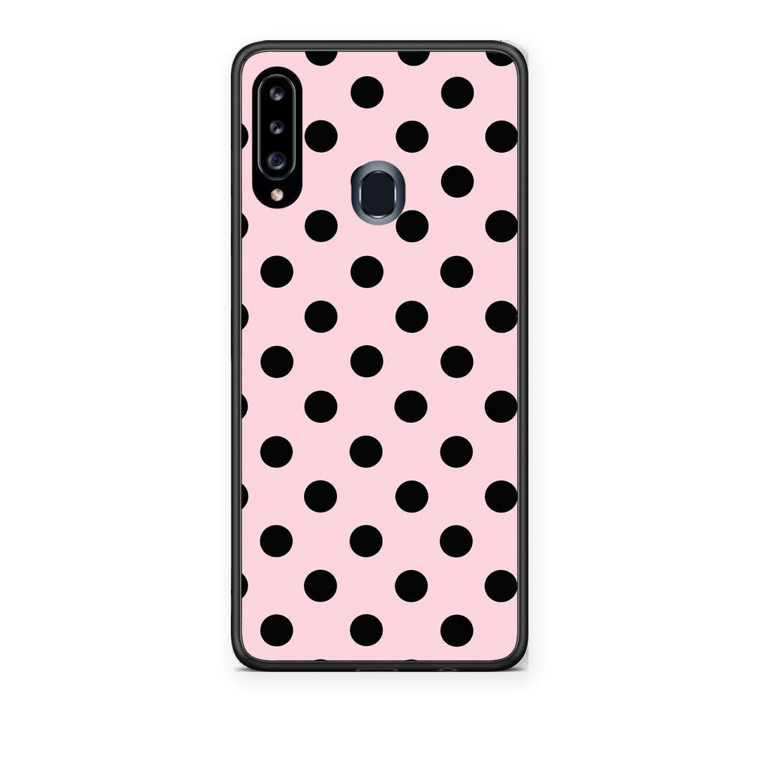 Θήκη Samsung Galaxy A20s Black Polka Dots on Pink από τη Smartfits με σχέδιο στο πίσω μέρος και μαύρο περίβλημα | Samsung Galaxy A20s Black Polka Dots on Pink case with colorful back and black bezels