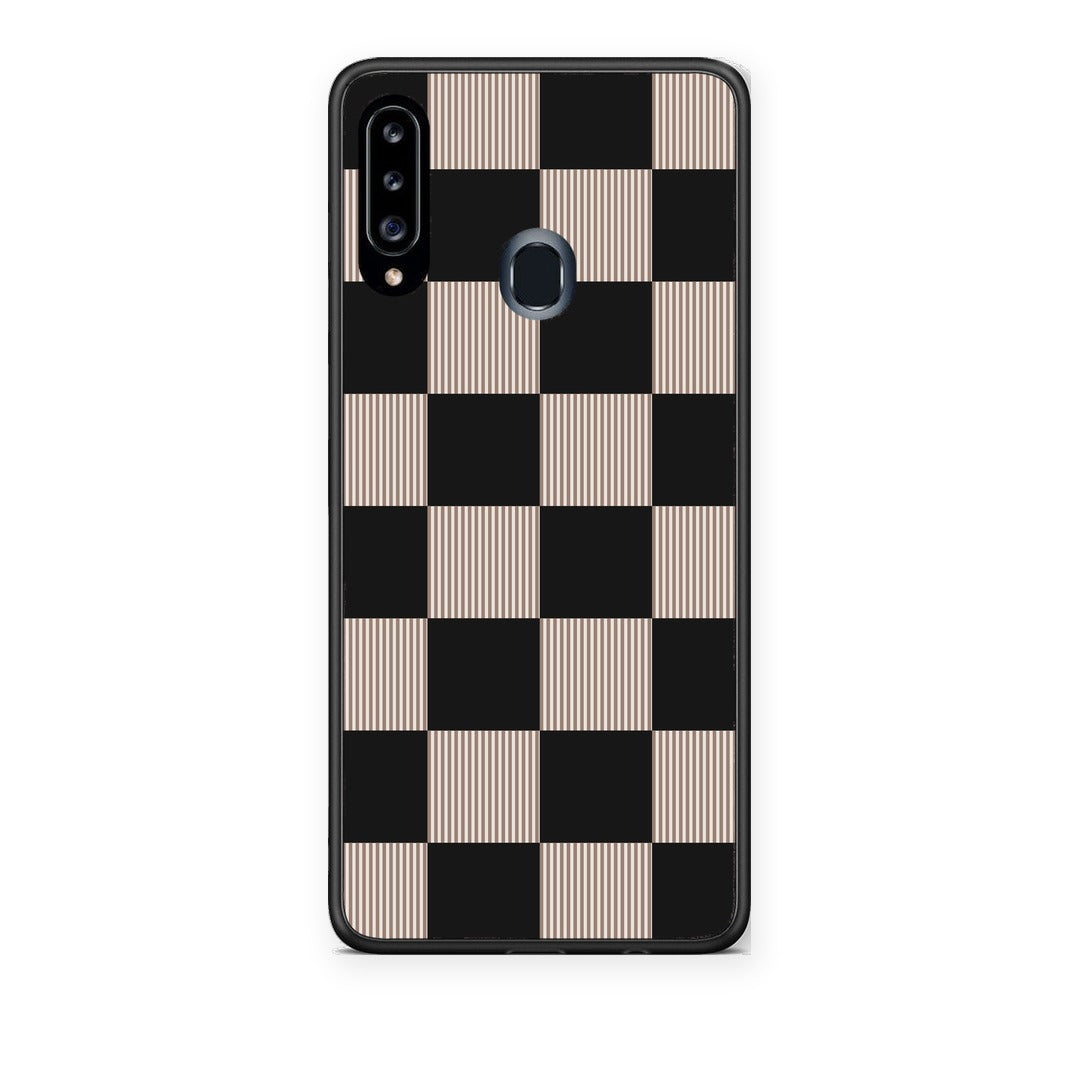 Θήκη Samsung Galaxy A20s Black and Taupe Striped Checks από τη Smartfits με σχέδιο στο πίσω μέρος και μαύρο περίβλημα | Samsung Galaxy A20s Black and Taupe Striped Checks case with colorful back and black bezels