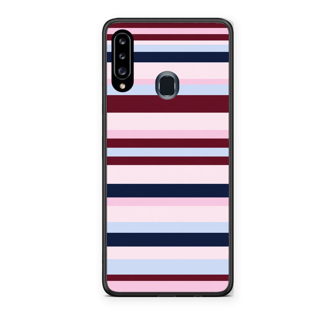 Θήκη Samsung Galaxy A20s Burgundy Pink and Blue Horizontal Stripes από τη Smartfits με σχέδιο στο πίσω μέρος και μαύρο περίβλημα | Samsung Galaxy A20s Burgundy Pink and Blue Horizontal Stripes case with colorful back and black bezels