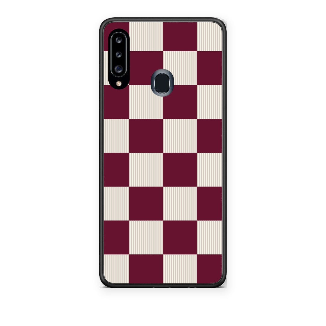 Θήκη Samsung Galaxy A20s Burgundy and Cream Striped Checks από τη Smartfits με σχέδιο στο πίσω μέρος και μαύρο περίβλημα | Samsung Galaxy A20s Burgundy and Cream Striped Checks case with colorful back and black bezels