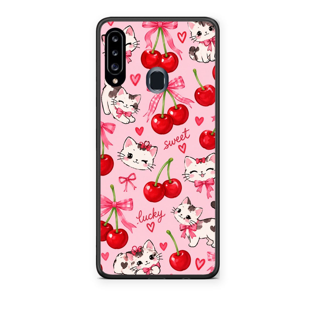 Θήκη Samsung Galaxy A20s Cherries Bows and Kittens on Pink από τη Smartfits με σχέδιο στο πίσω μέρος και μαύρο περίβλημα | Samsung Galaxy A20s Cherries Bows and Kittens on Pink case with colorful back and black bezels