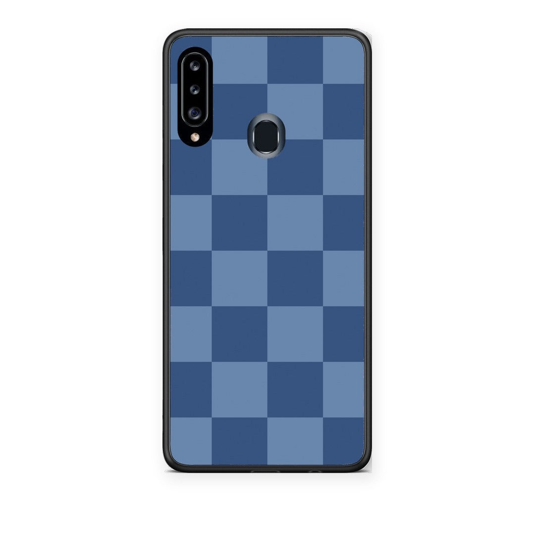 Θήκη Samsung Galaxy A20s Denim Blue Checkerboard από τη Smartfits με σχέδιο στο πίσω μέρος και μαύρο περίβλημα | Samsung Galaxy A20s Denim Blue Checkerboard case with colorful back and black bezels