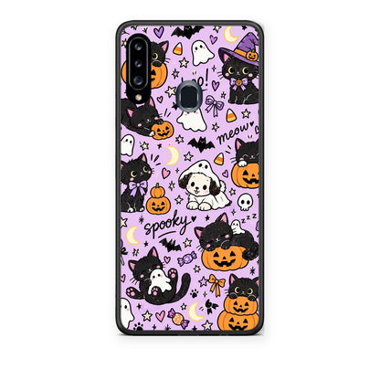 Θήκη Samsung Galaxy A20s Halloween Black Cats on Lilac από τη Smartfits με σχέδιο στο πίσω μέρος και μαύρο περίβλημα | Samsung Galaxy A20s Halloween Black Cats on Lilac case with colorful back and black bezels