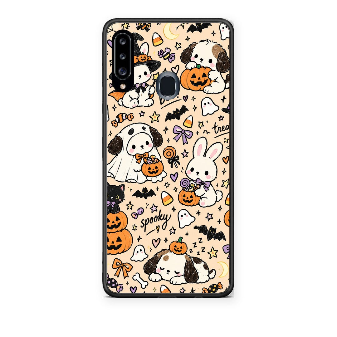 Θήκη Samsung Galaxy A20s Halloween Puppies and Friends on Cream από τη Smartfits με σχέδιο στο πίσω μέρος και μαύρο περίβλημα | Samsung Galaxy A20s Halloween Puppies and Friends on Cream case with colorful back and black bezels