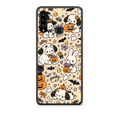 Θήκη Samsung Galaxy A20s Halloween Puppies and Friends on Cream από τη Smartfits με σχέδιο στο πίσω μέρος και μαύρο περίβλημα | Samsung Galaxy A20s Halloween Puppies and Friends on Cream case with colorful back and black bezels