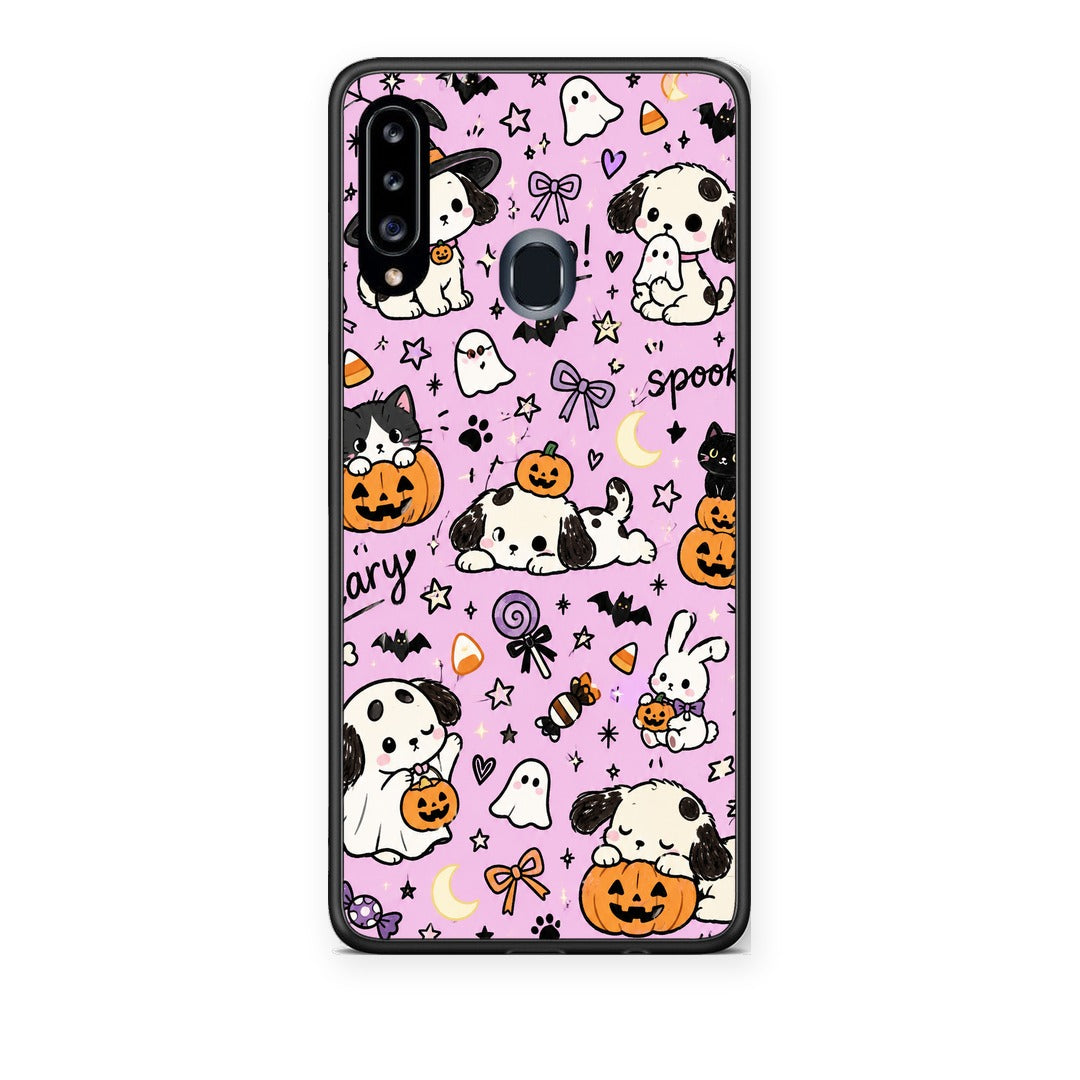 Θήκη Samsung Galaxy A20s Halloween Puppies and Friends on Lilac από τη Smartfits με σχέδιο στο πίσω μέρος και μαύρο περίβλημα | Samsung Galaxy A20s Halloween Puppies and Friends on Lilac case with colorful back and black bezels