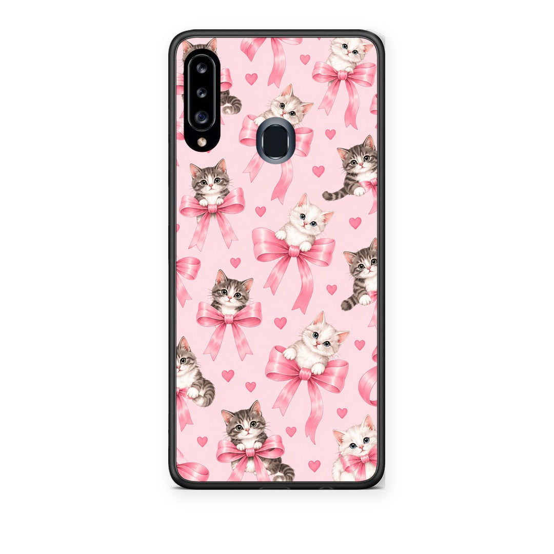 Θήκη Samsung Galaxy A20s Kittens and Pink Bows on Pink από τη Smartfits με σχέδιο στο πίσω μέρος και μαύρο περίβλημα | Samsung Galaxy A20s Kittens and Pink Bows on Pink case with colorful back and black bezels