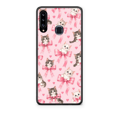 Θήκη Samsung Galaxy A20s Kittens and Pink Bows on Pink από τη Smartfits με σχέδιο στο πίσω μέρος και μαύρο περίβλημα | Samsung Galaxy A20s Kittens and Pink Bows on Pink case with colorful back and black bezels
