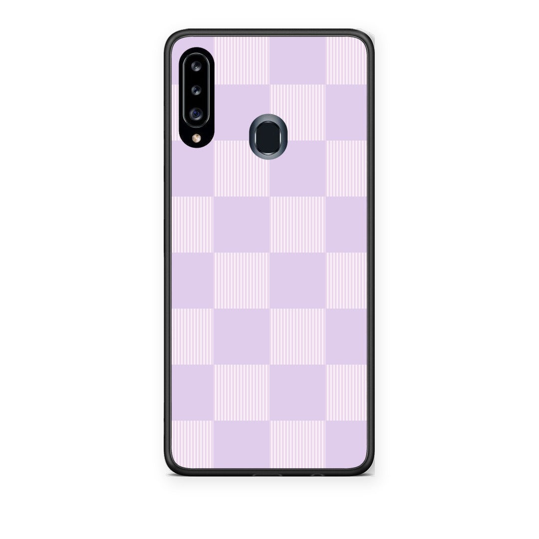 Θήκη Samsung Galaxy A20s Lilac and Cream Striped Checks από τη Smartfits με σχέδιο στο πίσω μέρος και μαύρο περίβλημα | Samsung Galaxy A20s Lilac and Cream Striped Checks case with colorful back and black bezels