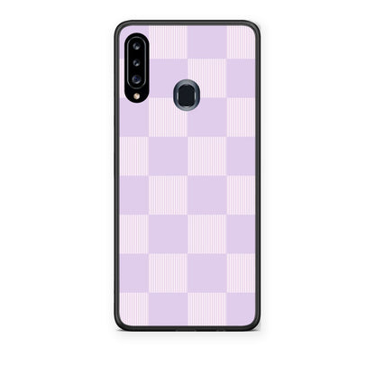 Θήκη Samsung Galaxy A20s Lilac and Cream Striped Checks από τη Smartfits με σχέδιο στο πίσω μέρος και μαύρο περίβλημα | Samsung Galaxy A20s Lilac and Cream Striped Checks case with colorful back and black bezels