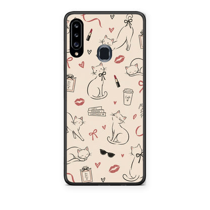 Θήκη Samsung Galaxy A20s Minimal Cat and Fashion Doodles on Cream από τη Smartfits με σχέδιο στο πίσω μέρος και μαύρο περίβλημα | Samsung Galaxy A20s Minimal Cat and Fashion Doodles on Cream case with colorful back and black bezels