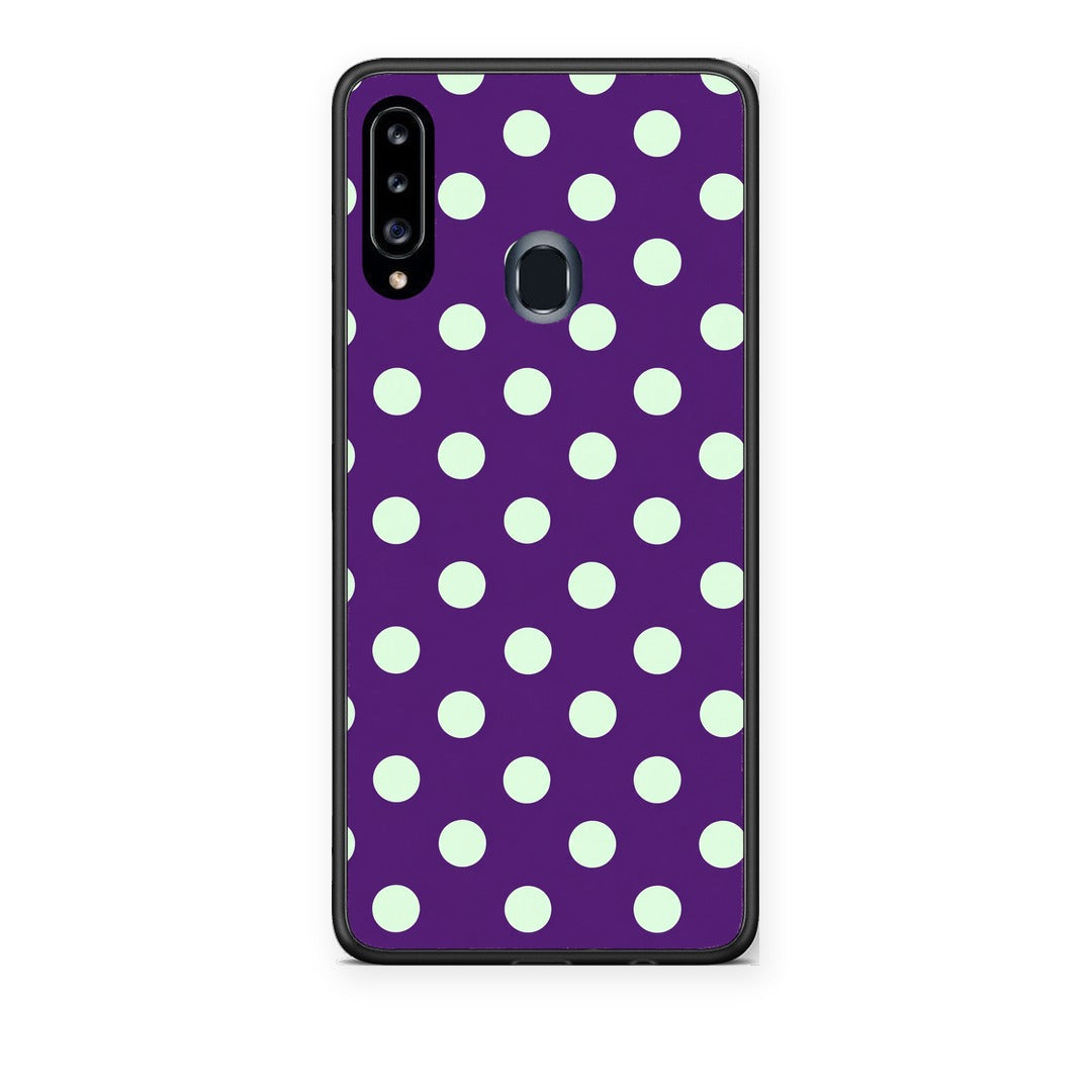 Θήκη Samsung Galaxy A20s Mint Polka Dots on Purple από τη Smartfits με σχέδιο στο πίσω μέρος και μαύρο περίβλημα | Samsung Galaxy A20s Mint Polka Dots on Purple case with colorful back and black bezels