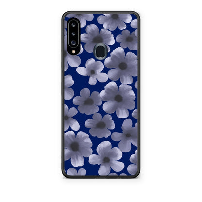 Θήκη Samsung Galaxy A20s Pale Blue Flowers on Navy από τη Smartfits με σχέδιο στο πίσω μέρος και μαύρο περίβλημα | Samsung Galaxy A20s Pale Blue Flowers on Navy case with colorful back and black bezels