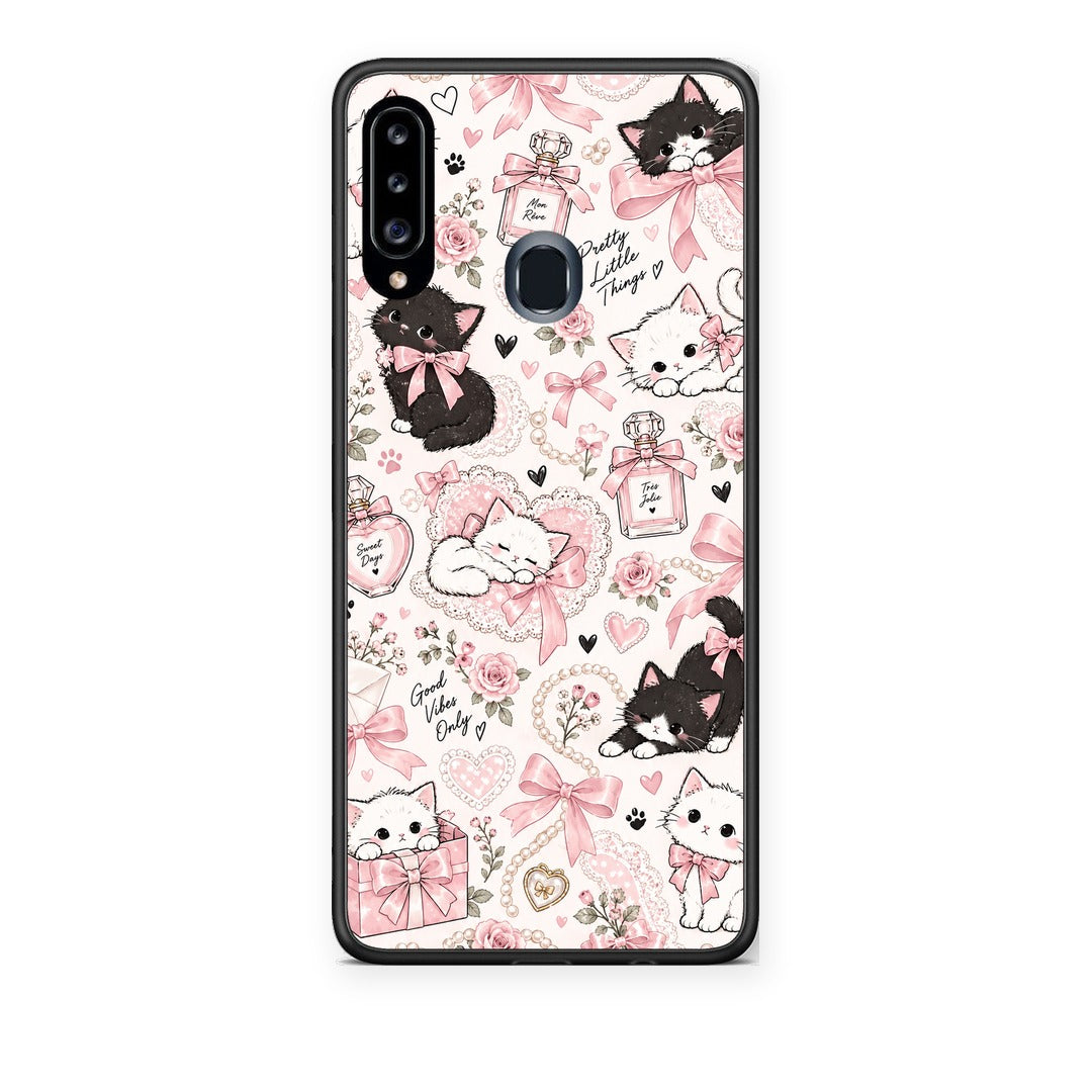 Θήκη Samsung Galaxy A20s Pink Bows and Kittens Collage από τη Smartfits με σχέδιο στο πίσω μέρος και μαύρο περίβλημα | Samsung Galaxy A20s Pink Bows and Kittens Collage case with colorful back and black bezels