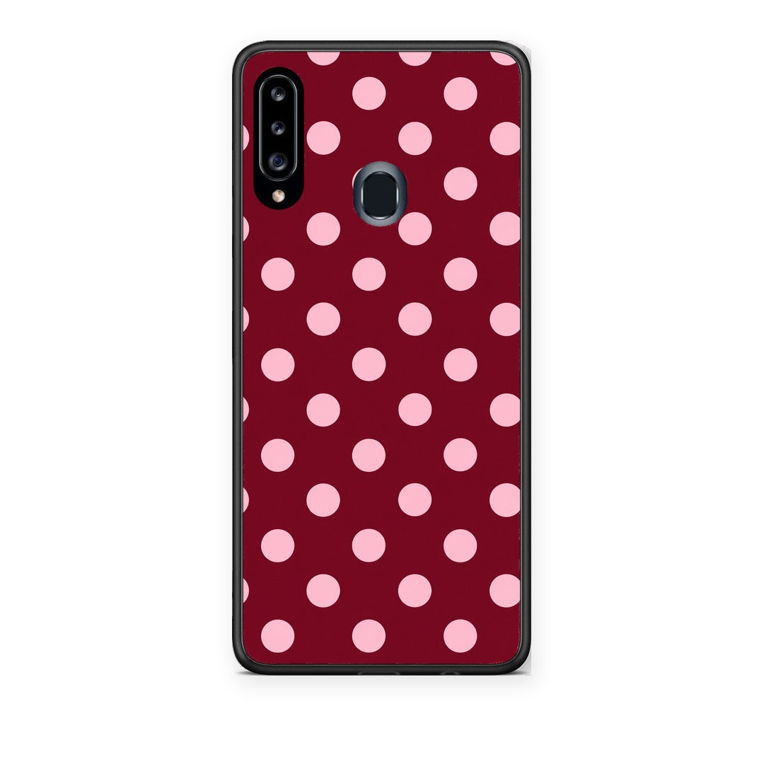 Θήκη Samsung Galaxy A20s Pink Polka Dots on Burgundy από τη Smartfits με σχέδιο στο πίσω μέρος και μαύρο περίβλημα | Samsung Galaxy A20s Pink Polka Dots on Burgundy case with colorful back and black bezels