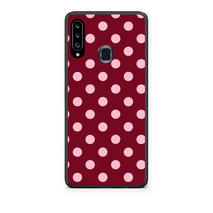 Θήκη Samsung Galaxy A20s Pink Polka Dots on Burgundy από τη Smartfits με σχέδιο στο πίσω μέρος και μαύρο περίβλημα | Samsung Galaxy A20s Pink Polka Dots on Burgundy case with colorful back and black bezels