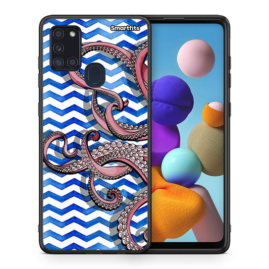Θήκη Samsung A21s Chevron Devilfish από τη Smartfits με σχέδιο στο πίσω μέρος και μαύρο περίβλημα | Samsung A21s Chevron Devilfish case with colorful back and black bezels