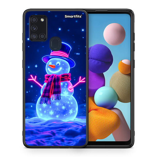 Θήκη Samsung A21s Christmas Neon Snowman από τη Smartfits με σχέδιο στο πίσω μέρος και μαύρο περίβλημα | Samsung A21s Christmas Neon Snowman case with colorful back and black bezels