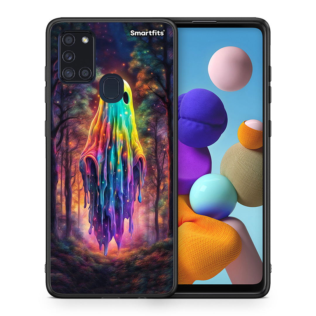 Θήκη Samsung A21s Halloween Ghost από τη Smartfits με σχέδιο στο πίσω μέρος και μαύρο περίβλημα | Samsung A21s Halloween Ghost case with colorful back and black bezels