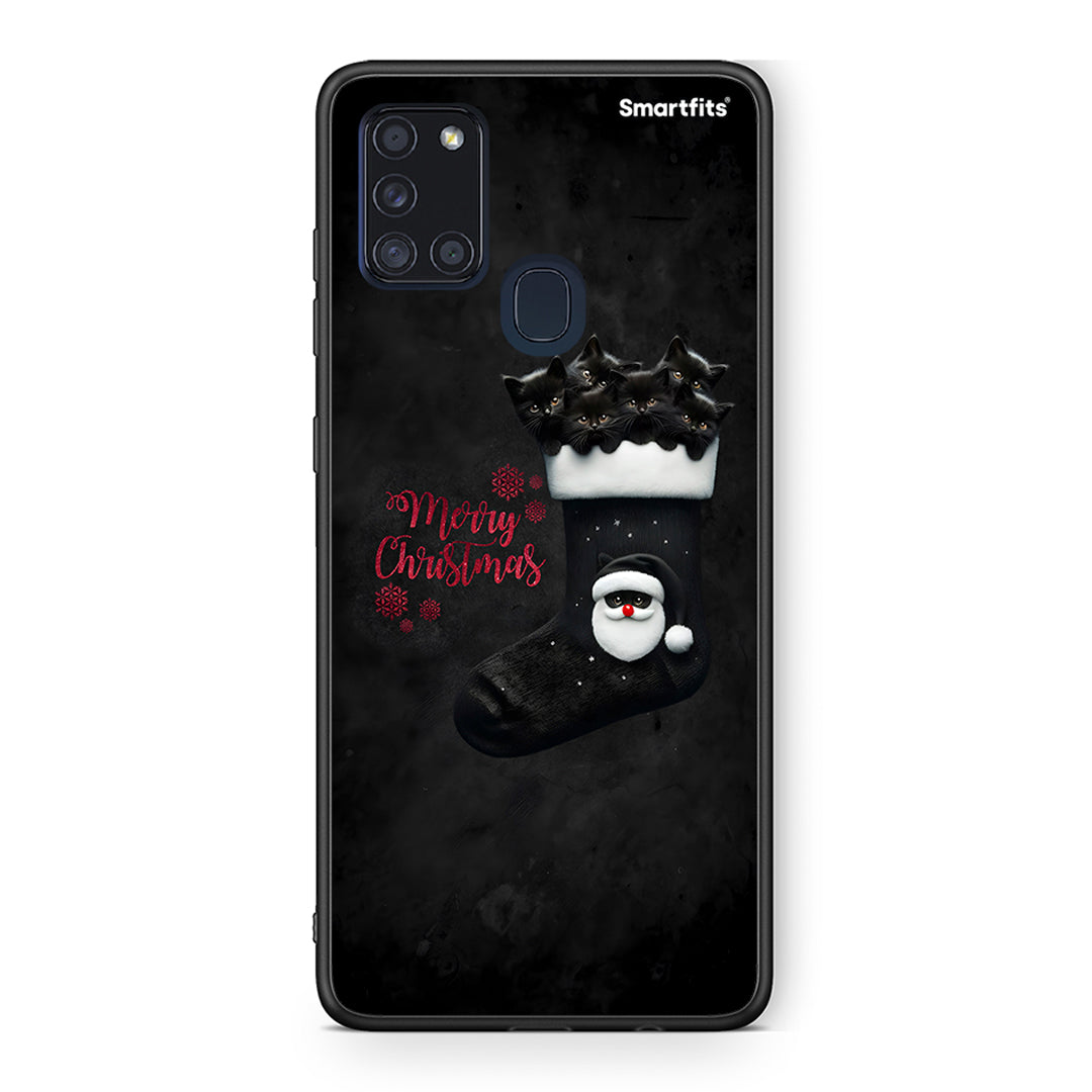 Samsung A21s Merry Cat Christmas θήκη από τη Smartfits με σχέδιο στο πίσω μέρος και μαύρο περίβλημα | Smartphone case with colorful back and black bezels by Smartfits