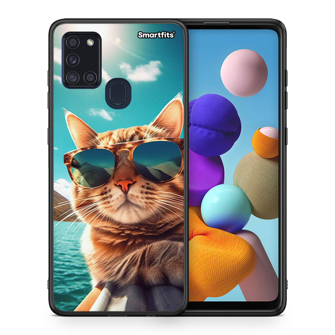 Θήκη Samsung A21s Summer Cat από τη Smartfits με σχέδιο στο πίσω μέρος και μαύρο περίβλημα | Samsung A21s Summer Cat case with colorful back and black bezels