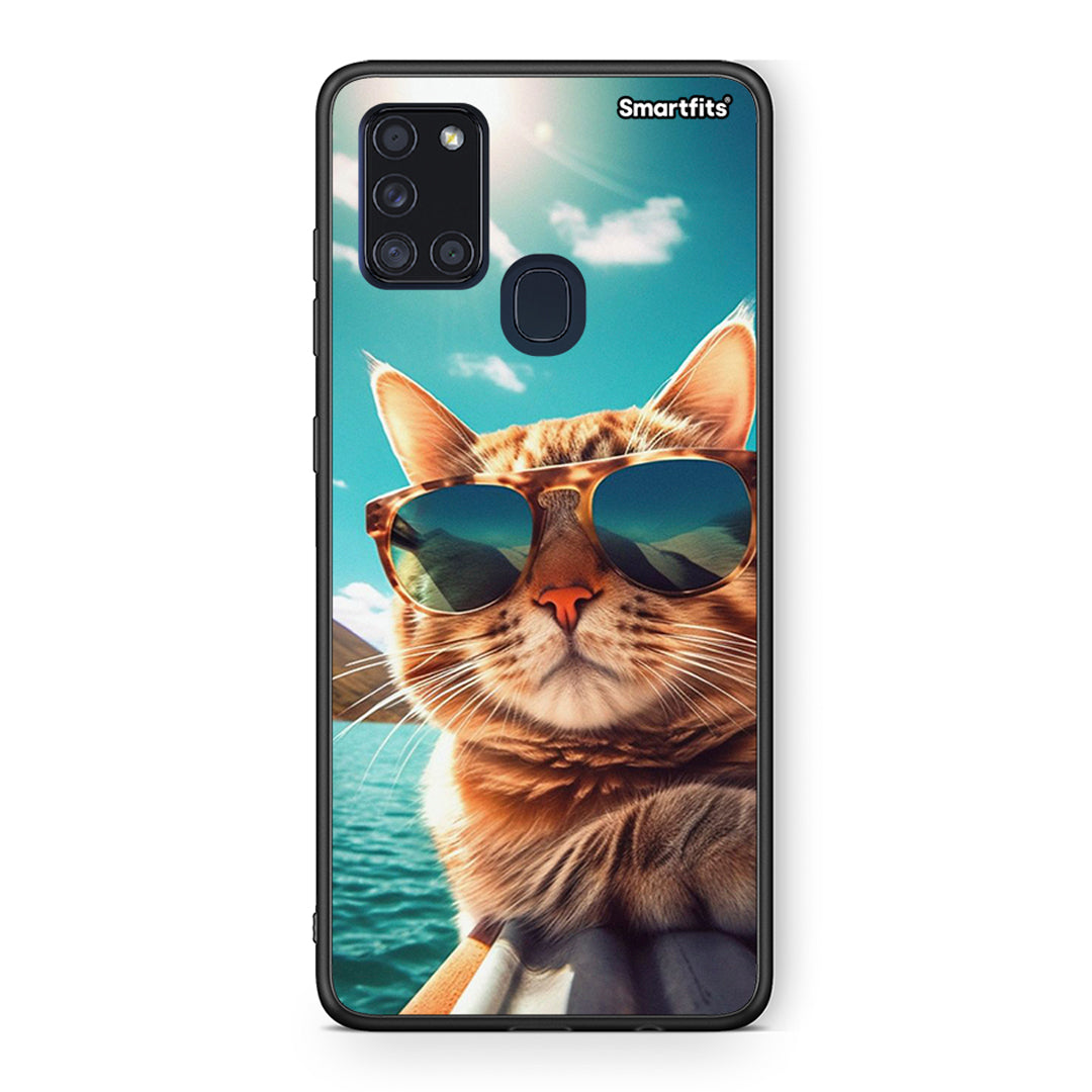 Samsung A21s Summer Cat θήκη από τη Smartfits με σχέδιο στο πίσω μέρος και μαύρο περίβλημα | Smartphone case with colorful back and black bezels by Smartfits