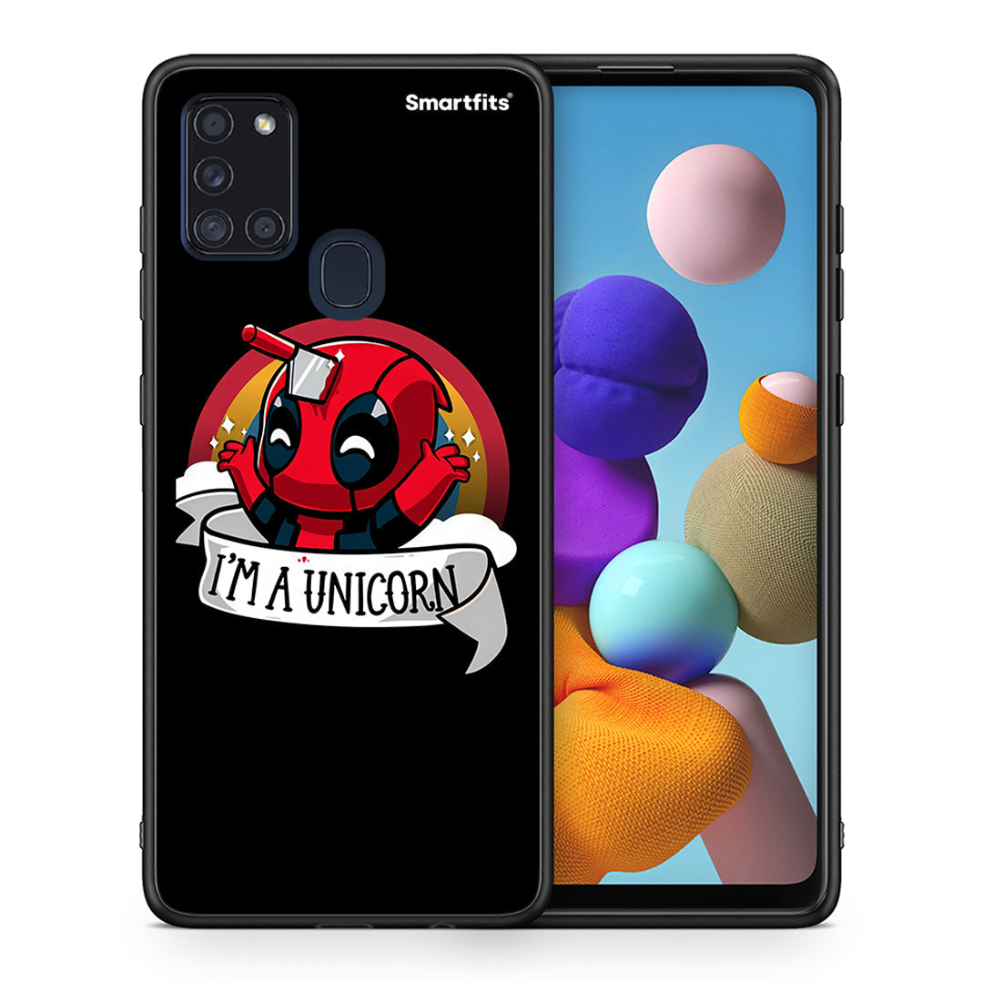 Θήκη Samsung A21s Unicorn Deadpool από τη Smartfits με σχέδιο στο πίσω μέρος και μαύρο περίβλημα | Samsung A21s Unicorn Deadpool case with colorful back and black bezels