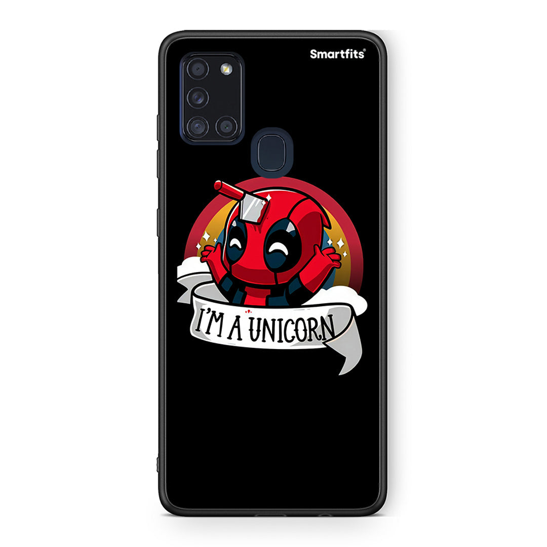 Samsung A21s Unicorn Deadpool θήκη από τη Smartfits με σχέδιο στο πίσω μέρος και μαύρο περίβλημα | Smartphone case with colorful back and black bezels by Smartfits