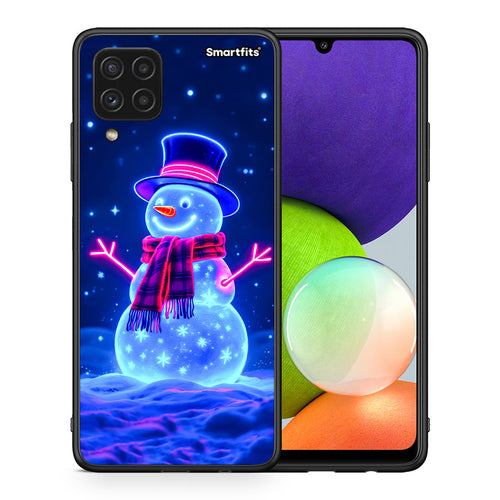 Θήκη Samsung A22 4G Christmas Neon Snowman από τη Smartfits με σχέδιο στο πίσω μέρος και μαύρο περίβλημα | Samsung A22 4G Christmas Neon Snowman case with colorful back and black bezels